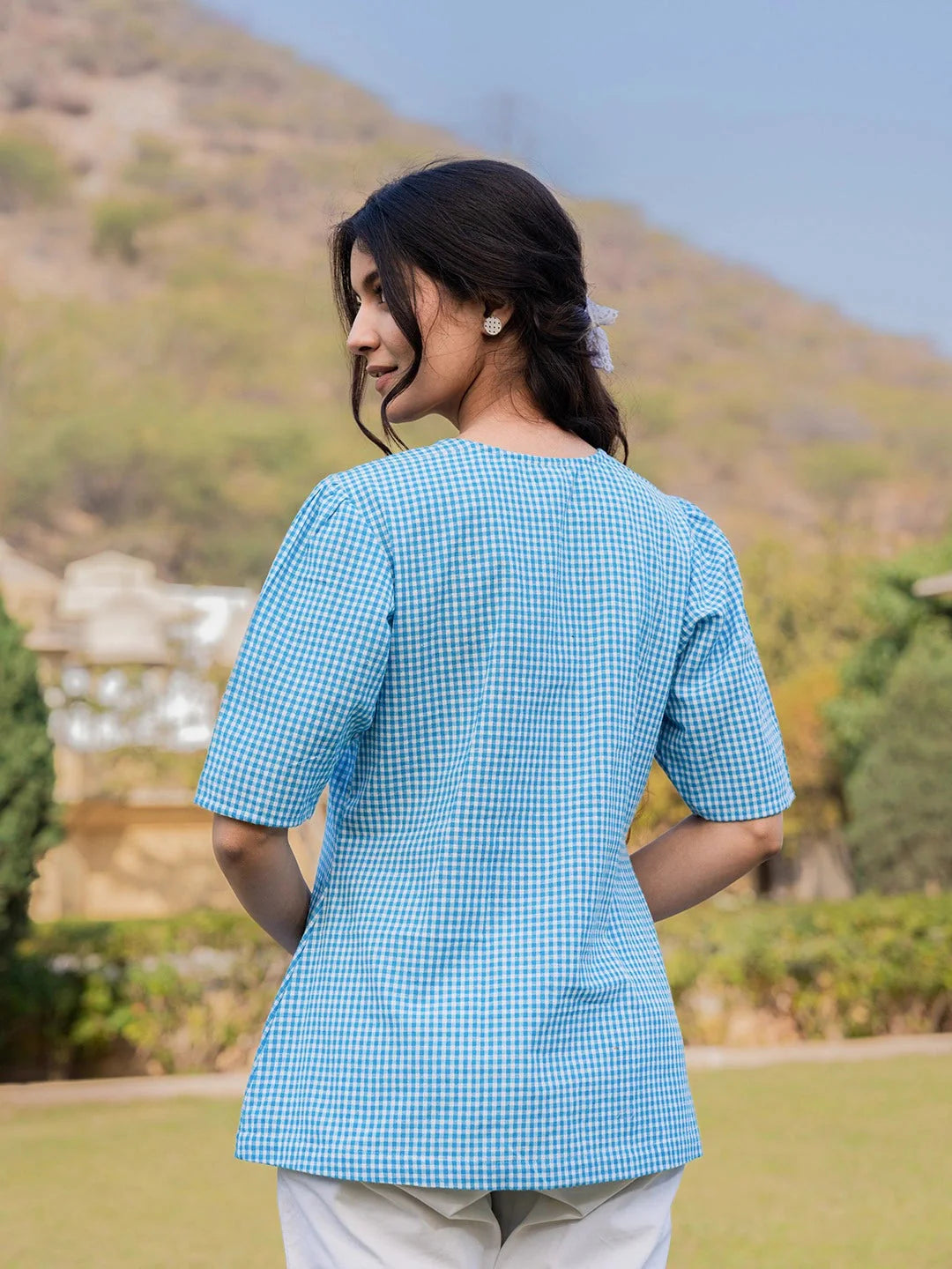 Yufta Sky Blue Cotton Checks Printed Top