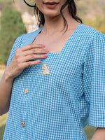 Thumbnail for Yufta Sky Blue Cotton Checks Printed Top