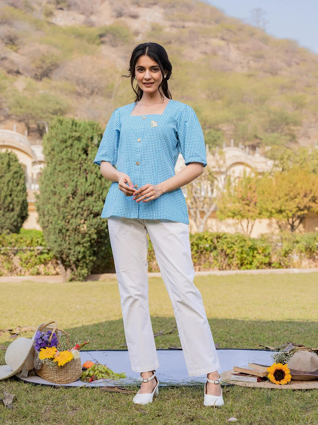 Yufta Sky Blue Cotton Checks Printed Top
