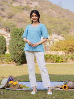 Thumbnail for Yufta Sky Blue Cotton Checks Printed Top