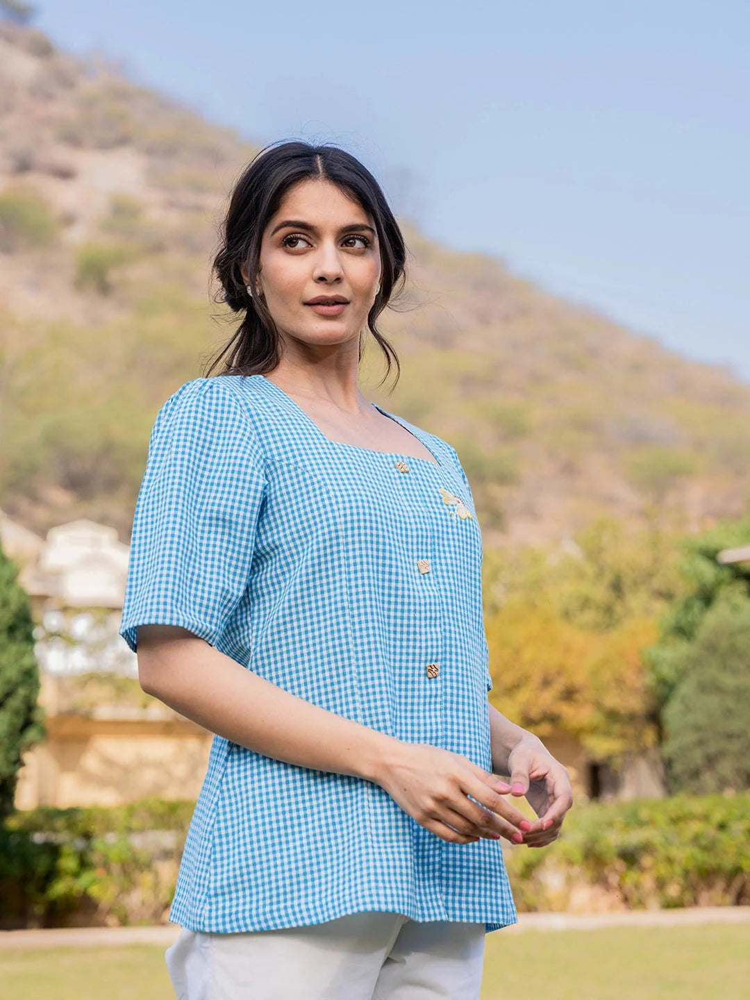 Yufta Sky Blue Cotton Checks Printed Top