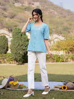 Thumbnail for Yufta Sky Blue Cotton Checks Printed Top