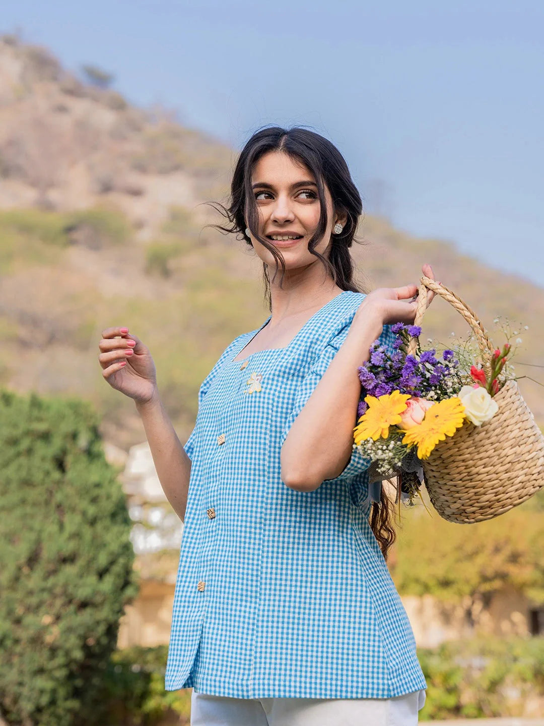 Yufta Sky Blue Cotton Checks Printed Top - Distacart