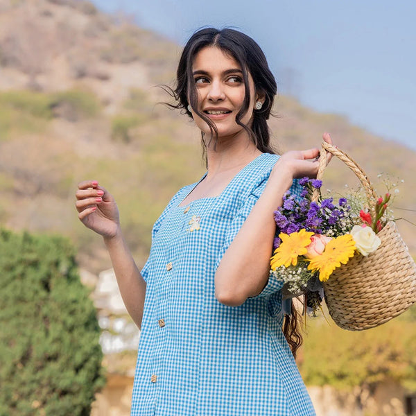 Yufta Sky Blue Cotton Checks Printed Top - Distacart