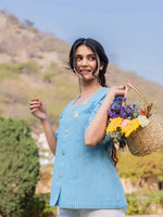Thumbnail for Yufta Sky Blue Cotton Checks Printed Top