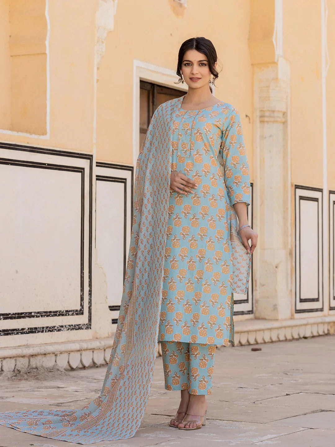 Yufta Sky Blue Floral Print Sequins_Work Straight Kurta Trouser And Dupatta Set - Distacart