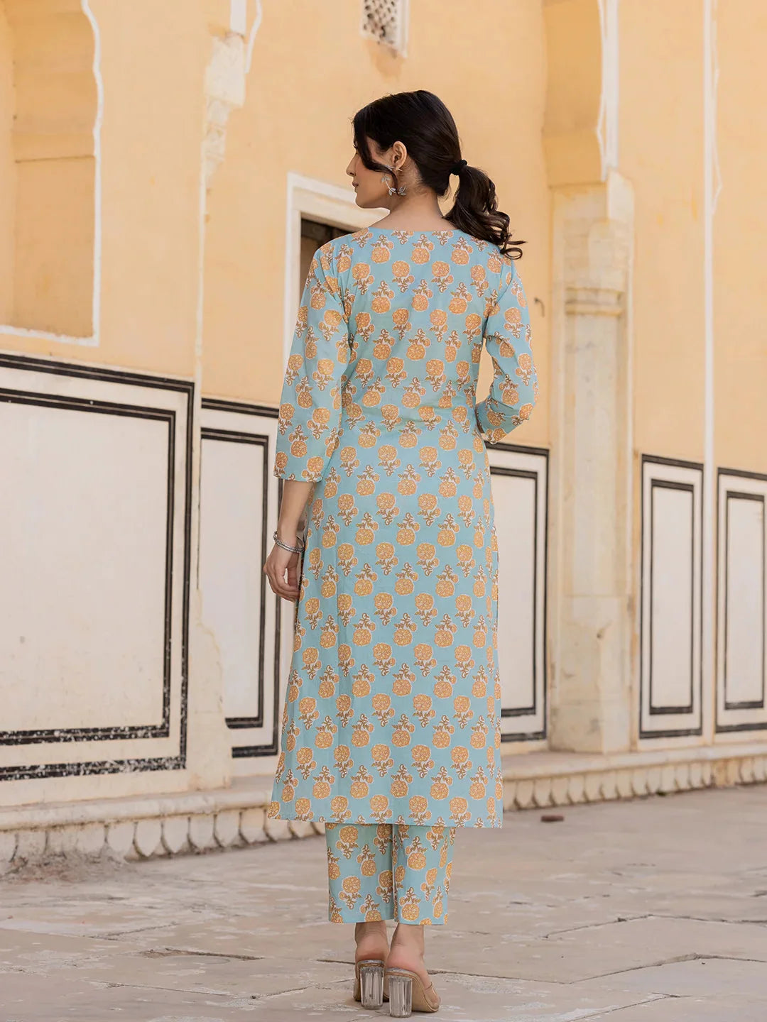 Yufta Sky Blue Floral Print Sequins_Work Straight Kurta Trouser And Dupatta Set - Distacart