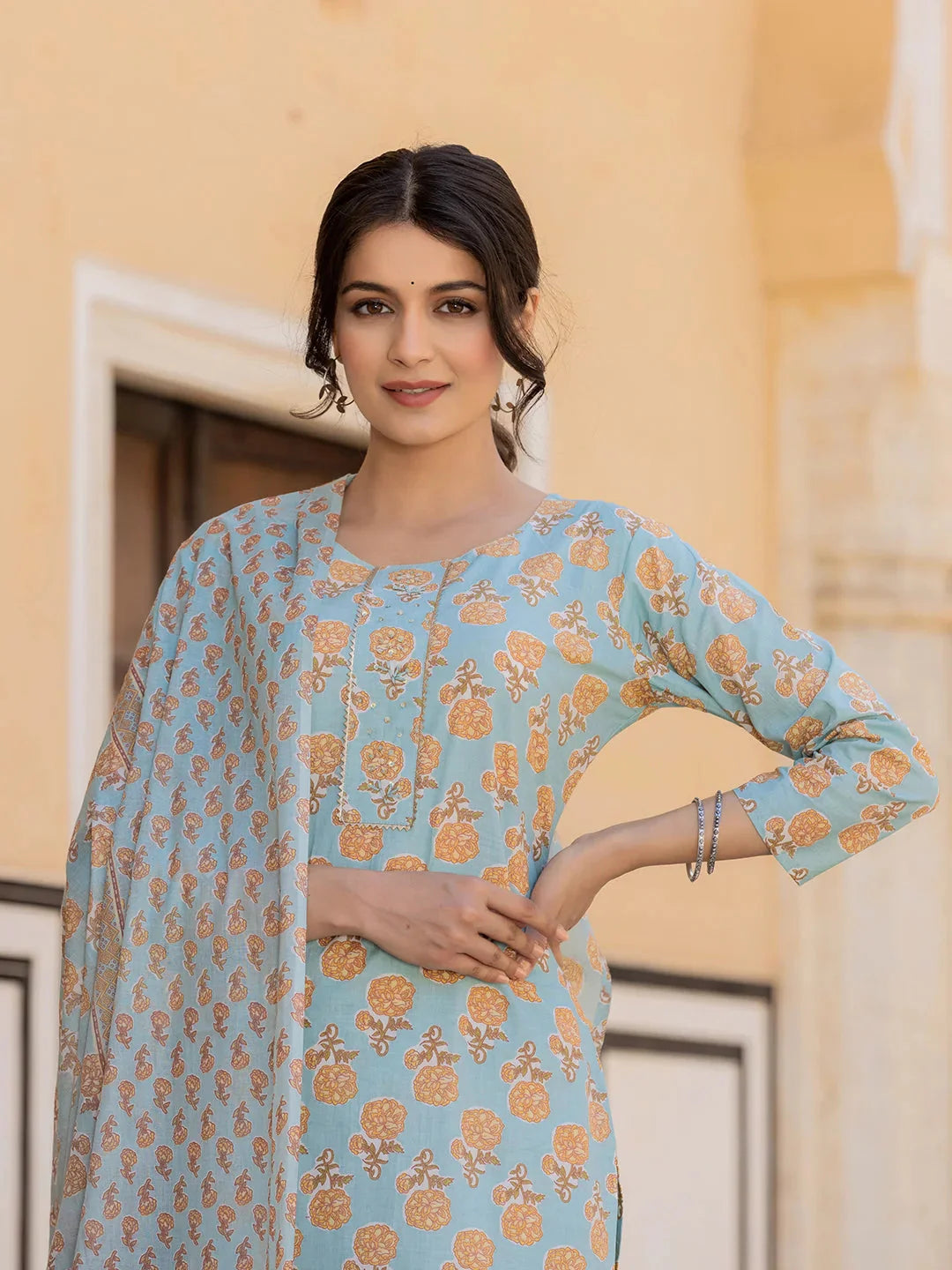 Yufta Sky Blue Floral Print Sequins_Work Straight Kurta Trouser And Dupatta Set - Distacart