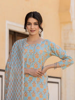 Thumbnail for Yufta Sky Blue Floral Print Sequins_Work Straight Kurta Trouser And Dupatta Set - Distacart