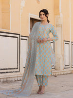 Thumbnail for Yufta Sky Blue Floral Print Sequins_Work Straight Kurta Trouser And Dupatta Set - Distacart