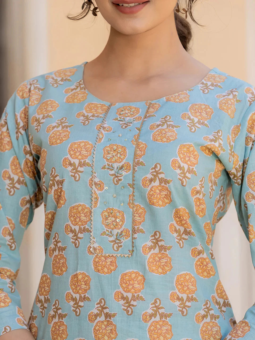 Yufta Sky Blue Floral Print Sequins_Work Straight Kurta Trouser And Dupatta Set - Distacart