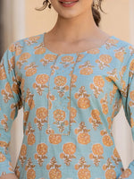 Thumbnail for Yufta Sky Blue Floral Print Sequins_Work Straight Kurta Trouser And Dupatta Set - Distacart