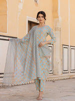 Thumbnail for Yufta Sky Blue Floral Print Sequins_Work Straight Kurta Trouser And Dupatta Set - Distacart