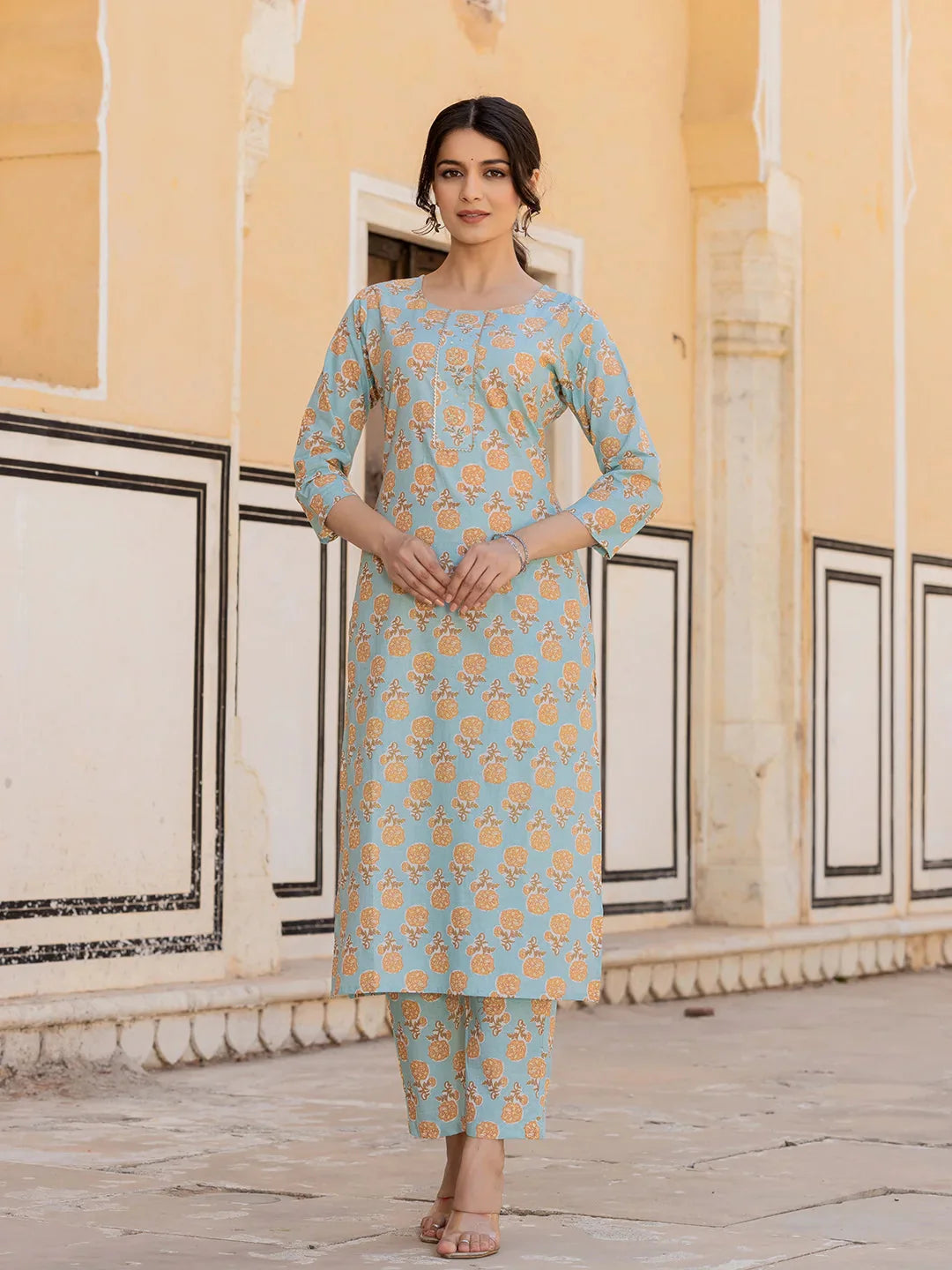 Yufta Sky Blue Floral Print Sequins_Work Straight Kurta Trouser And Dupatta Set - Distacart
