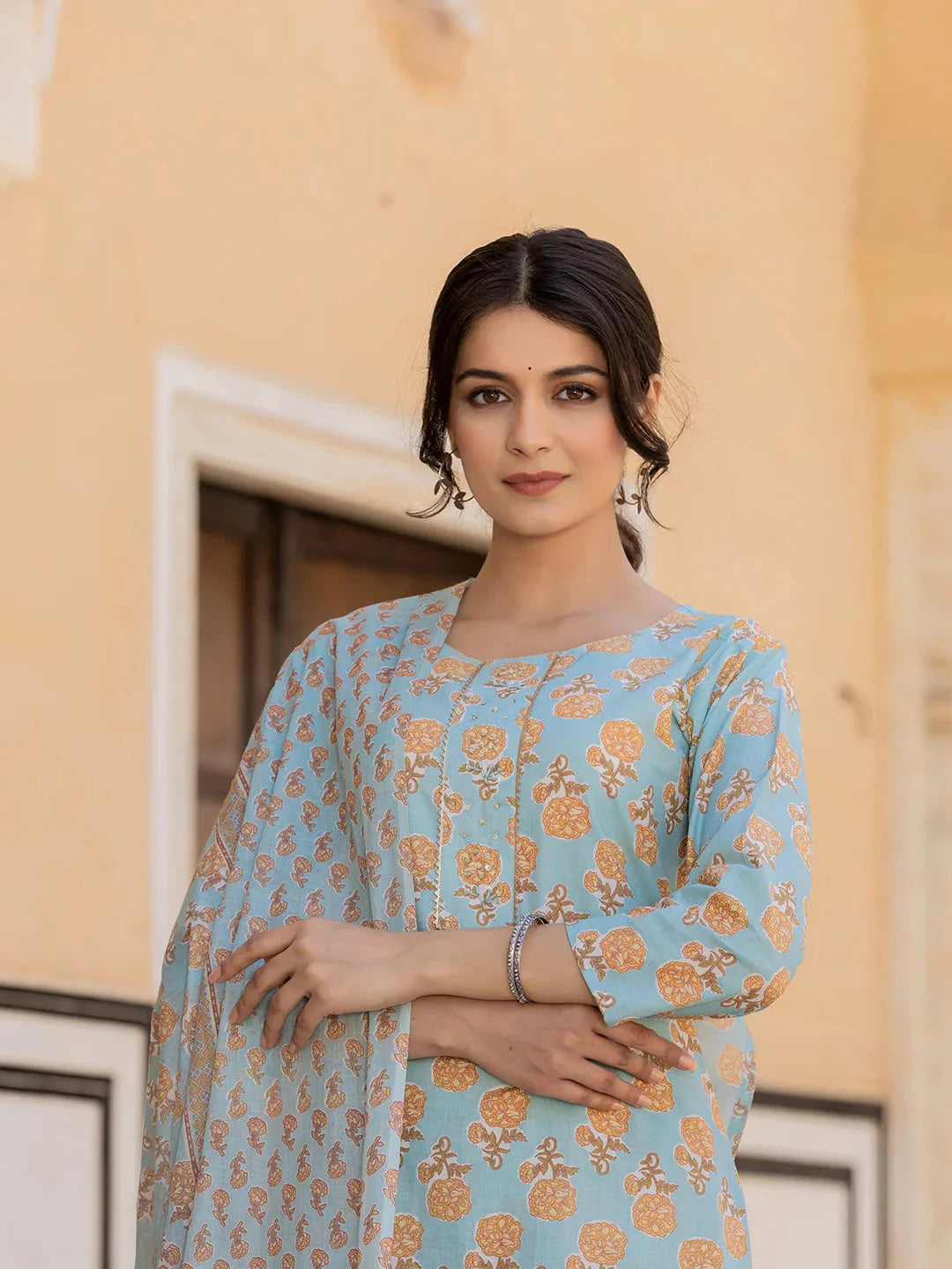 Yufta Sky Blue Floral Print Sequins_Work Straight Kurta Trouser And Dupatta Set - Distacart