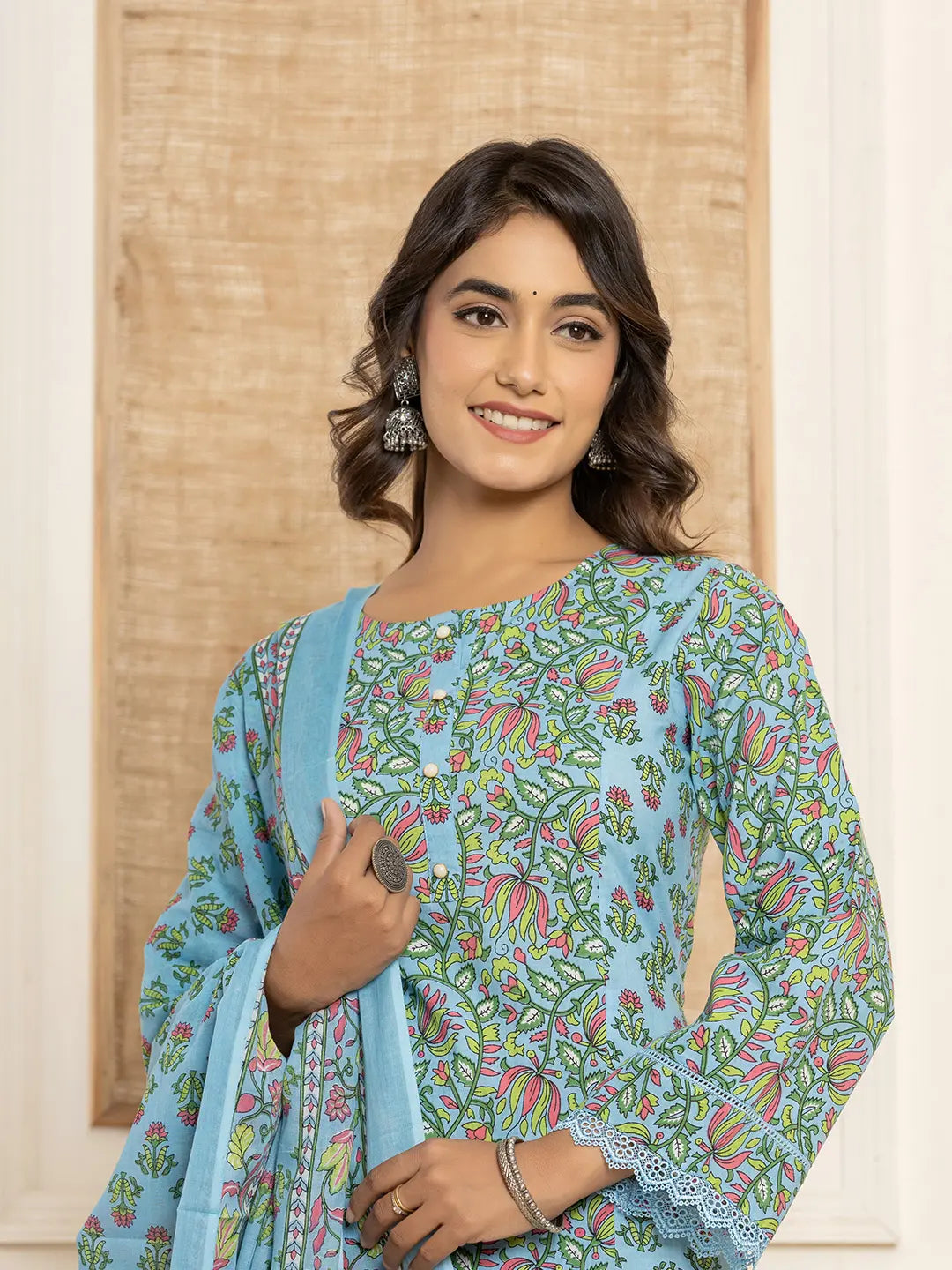 Yufta Sky Blue Leaf Print Cotton Pakistani Style Kurta And Trousers With Dupatta