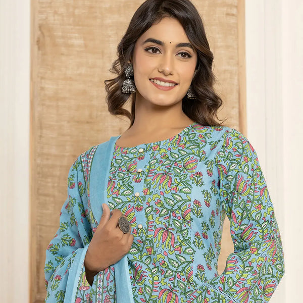 Yufta Sky Blue Leaf Print Cotton Pakistani Style Kurta And Trousers With Dupatta - Distacart
