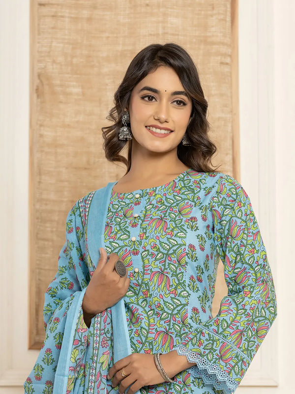 Yufta Sky Blue Leaf Print Cotton Pakistani Style Kurta And Trousers With Dupatta