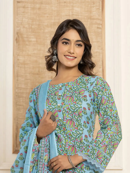 Yufta Sky Blue Leaf Print Cotton Pakistani Style Kurta And Trousers With Dupatta