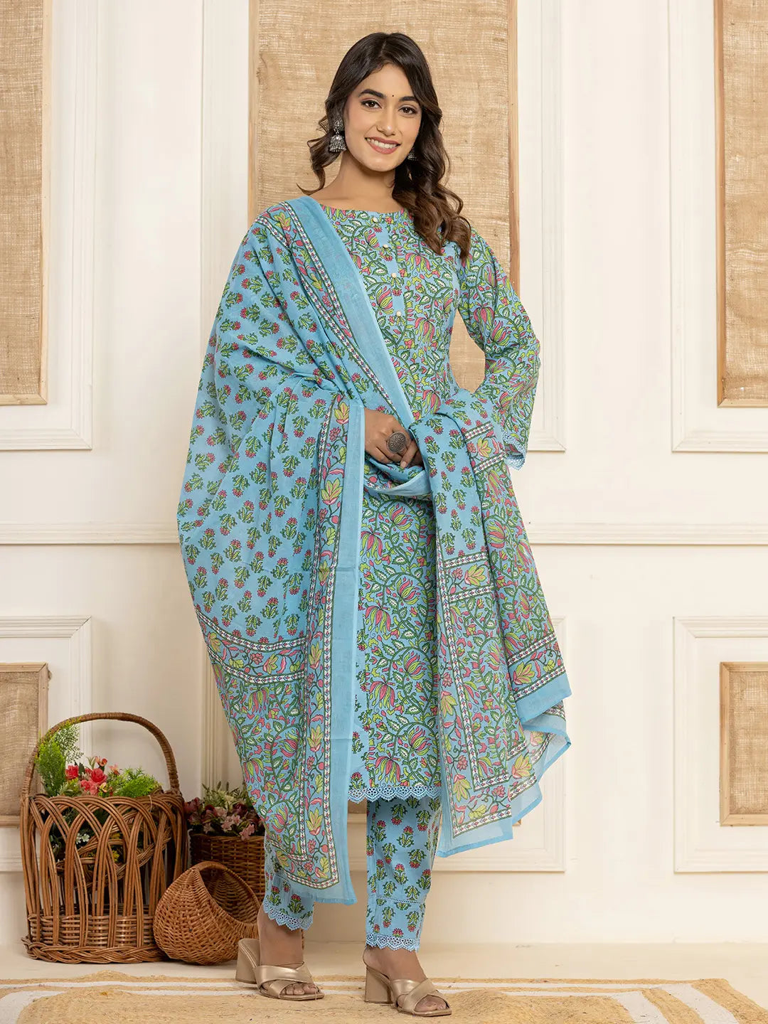 Yufta Sky Blue Leaf Print Cotton Pakistani Style Kurta And Trousers With Dupatta - Distacart
