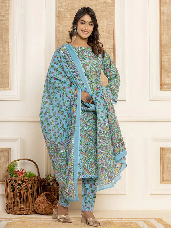 Yufta Sky Blue Leaf Print Cotton Pakistani Style Kurta And Trousers With Dupatta