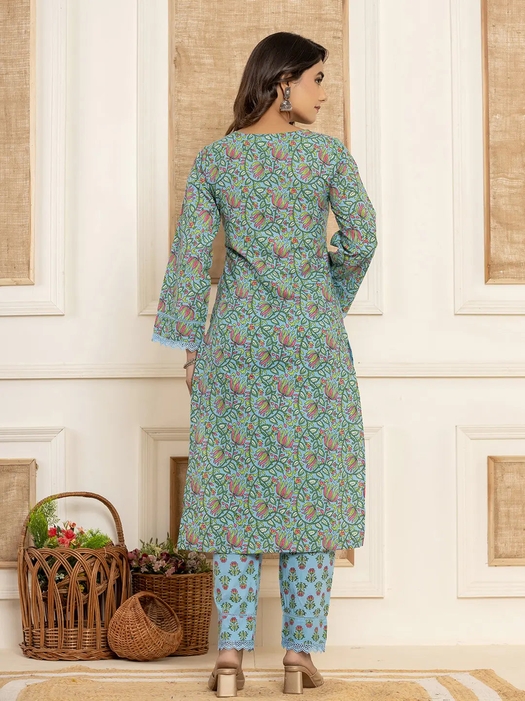 Yufta Sky Blue Leaf Print Cotton Pakistani Style Kurta And Trousers With Dupatta