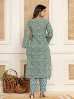 Thumbnail for Yufta Sky Blue Leaf Print Cotton Pakistani Style Kurta And Trousers With Dupatta