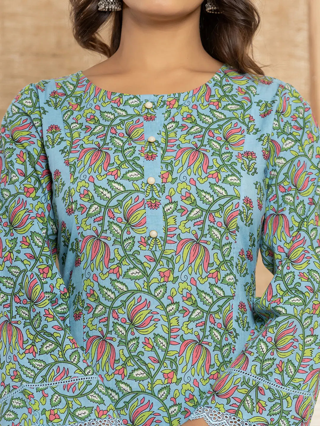 Yufta Sky Blue Leaf Print Cotton Pakistani Style Kurta And Trousers With Dupatta