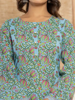 Thumbnail for Yufta Sky Blue Leaf Print Cotton Pakistani Style Kurta And Trousers With Dupatta