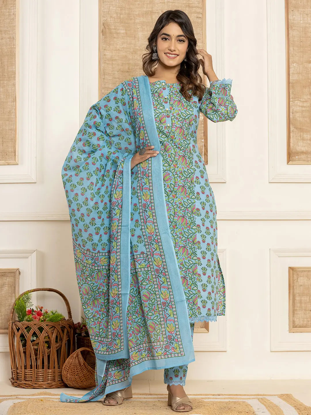 Yufta Sky Blue Leaf Print Cotton Pakistani Style Kurta And Trousers With Dupatta