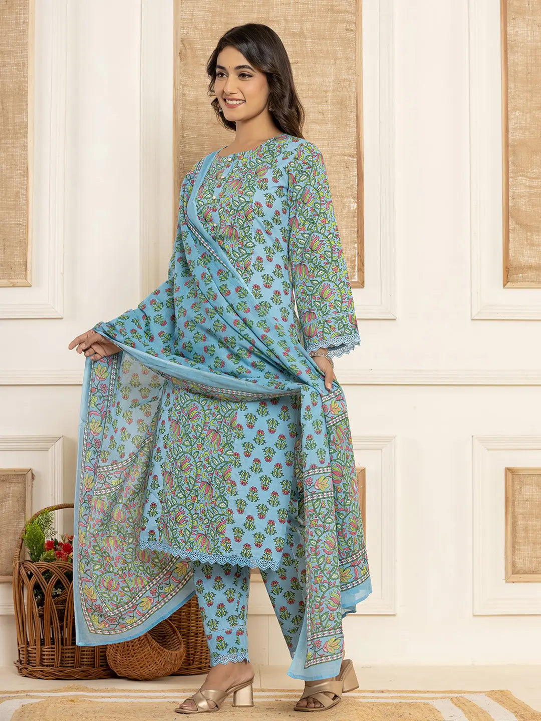 Yufta Sky Blue Leaf Print Cotton Pakistani Style Kurta And Trousers With Dupatta