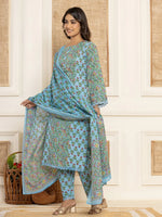 Thumbnail for Yufta Sky Blue Leaf Print Cotton Pakistani Style Kurta And Trousers With Dupatta