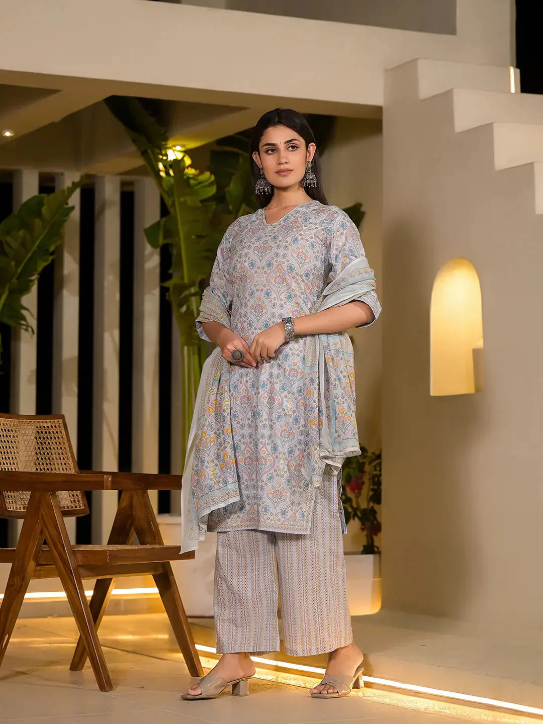 Yufta Sky Blue Pure Cotton Floral Print Straight Kurta With Palazzo And Dupatta Set - Distacart