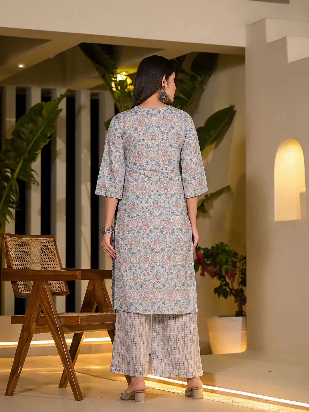 Yufta Sky Blue Pure Cotton Floral Print Straight Kurta With Palazzo And Dupatta Set - Distacart
