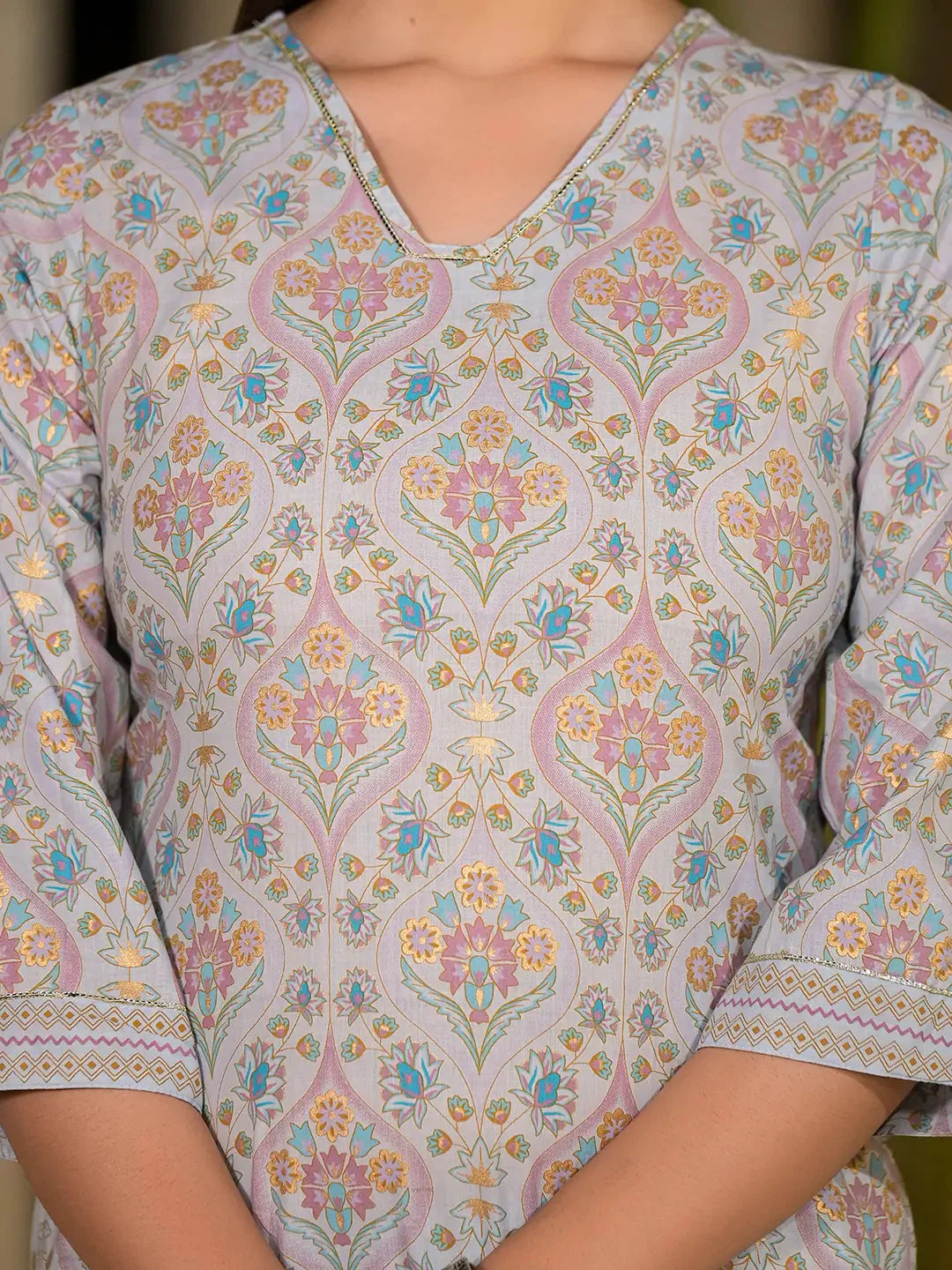 Yufta Sky Blue Pure Cotton Floral Print Straight Kurta With Palazzo And Dupatta Set - Distacart