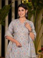 Thumbnail for Yufta Sky Blue Pure Cotton Floral Print Straight Kurta With Palazzo And Dupatta Set - Distacart