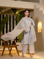 Thumbnail for Yufta Sky Blue Pure Cotton Floral Print Straight Kurta With Palazzo And Dupatta Set - Distacart