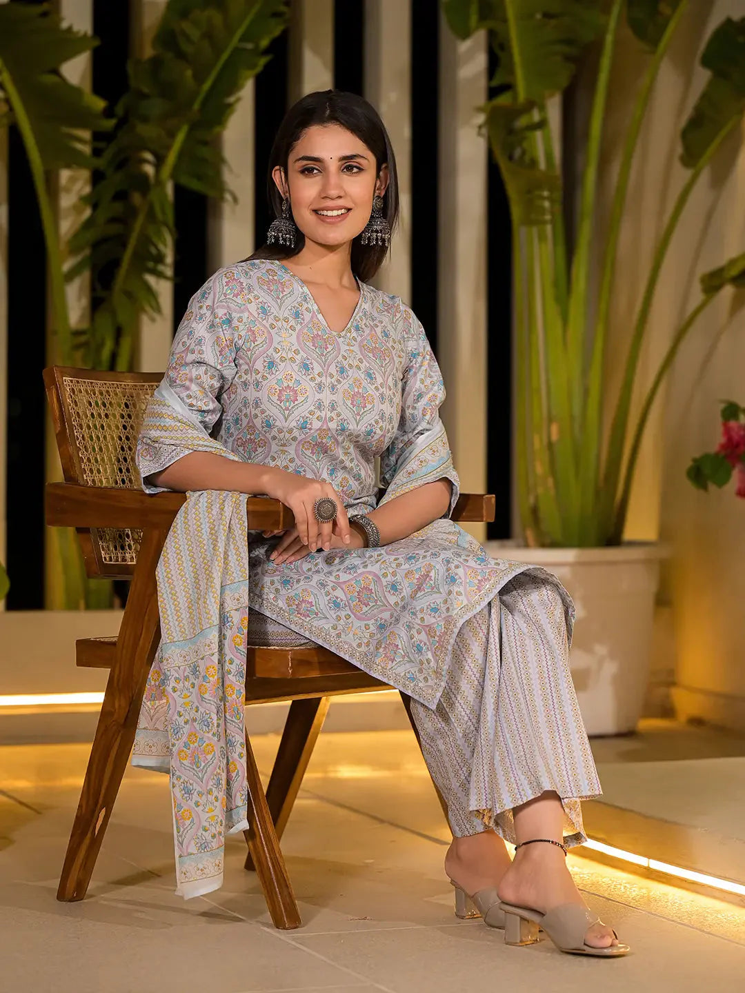 Yufta Sky Blue Pure Cotton Floral Print Straight Kurta With Palazzo And Dupatta Set - Distacart