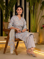 Thumbnail for Yufta Sky Blue Pure Cotton Floral Print Straight Kurta With Palazzo And Dupatta Set - Distacart