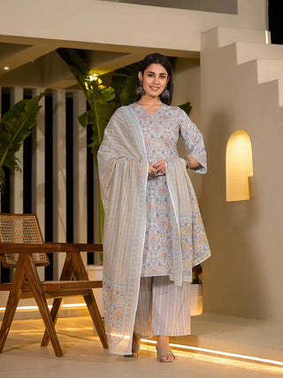 Yufta Sky Blue Pure Cotton Floral Print Straight Kurta With Palazzo And Dupatta Set - Distacart