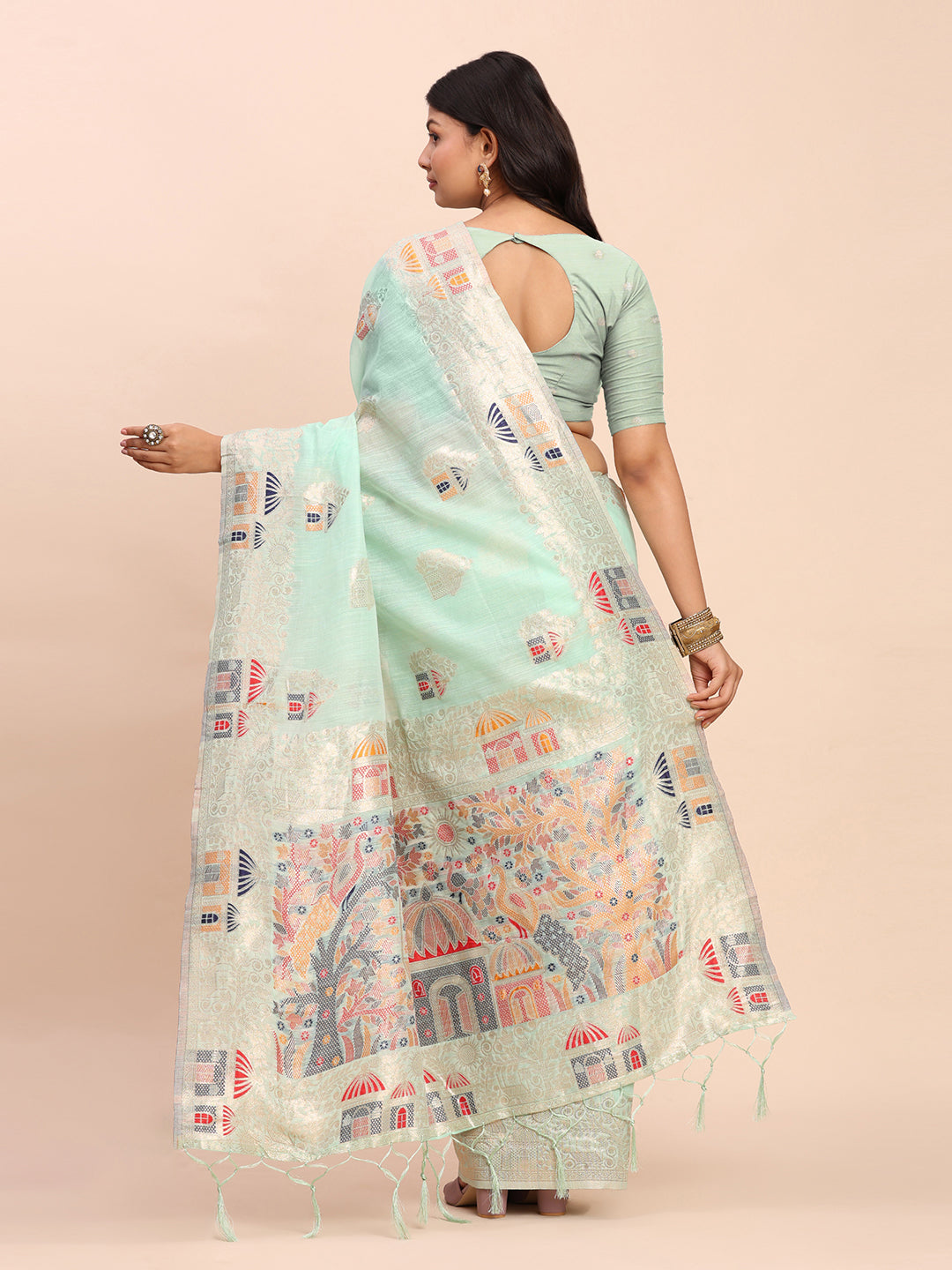 Anaita Sky Blue Linen Woven Work Saree With Blouse - Distacart