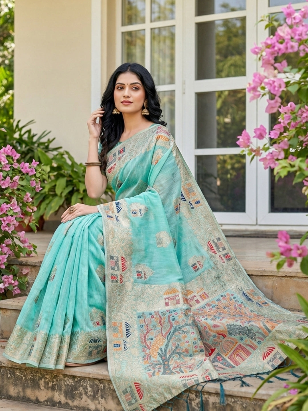 Anaita Sky Blue Linen Woven Work Saree With Blouse - Distacart