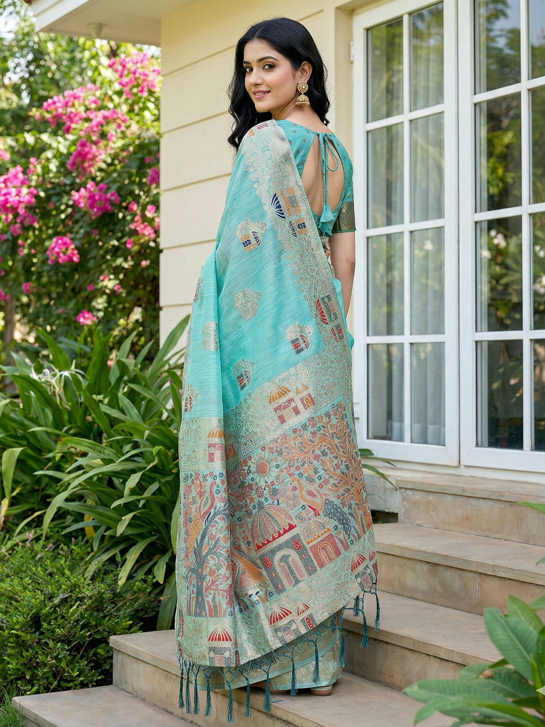 Anaita Sky Blue Linen Woven Work Saree With Blouse - Distacart