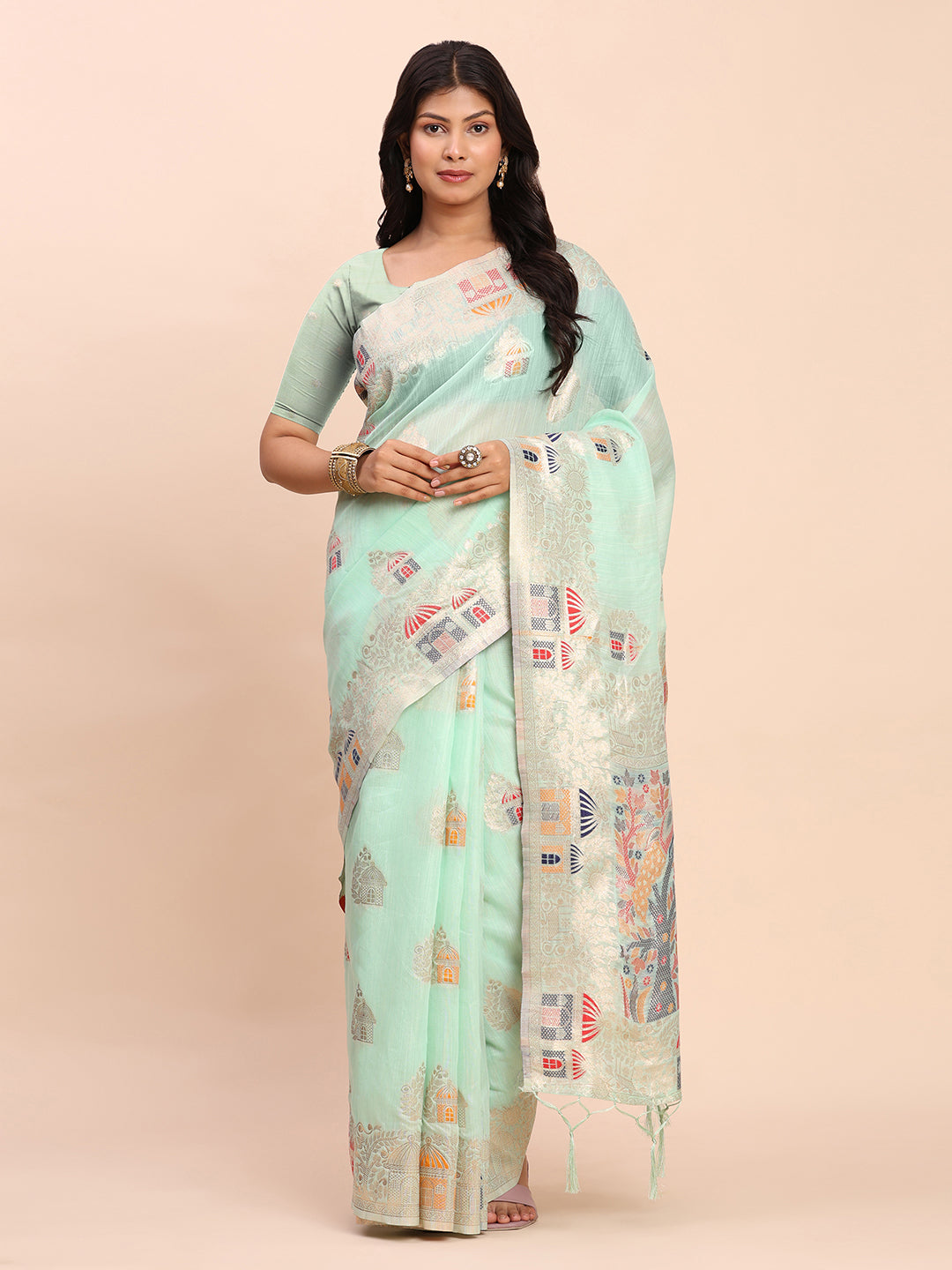 Anaita Sky Blue Linen Woven Work Saree With Blouse - Distacart