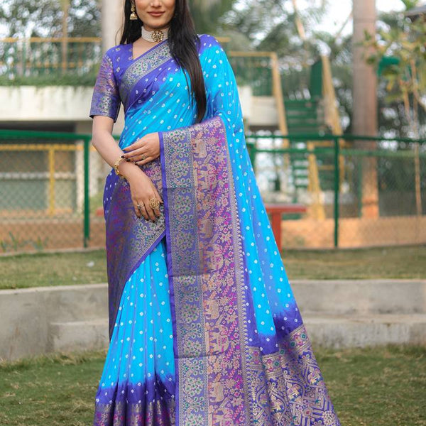 Anaita Sky Blue Woven Design Pure Bandhej Kanjivaram Soft Silk Saree - Distacart