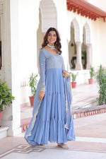 Thumbnail for Lorenvalley Fashion Skyblue Faux Georgette with Zari & Sequins Embroidered Work Anarkali Gown with Dupatta