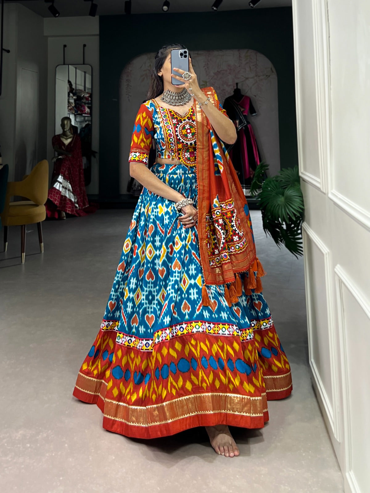 Lorenvalley Skyblue Tussar Silk Patola Print With Foil Work And Original Mirror Gamthi Lace Lehenga Choli with Dupatta - Distacart