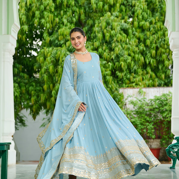 Lorenvalley Fashion Skyblue Faux Georgette with Embroidered work Anarkali Gown with Dupatta - Distacart