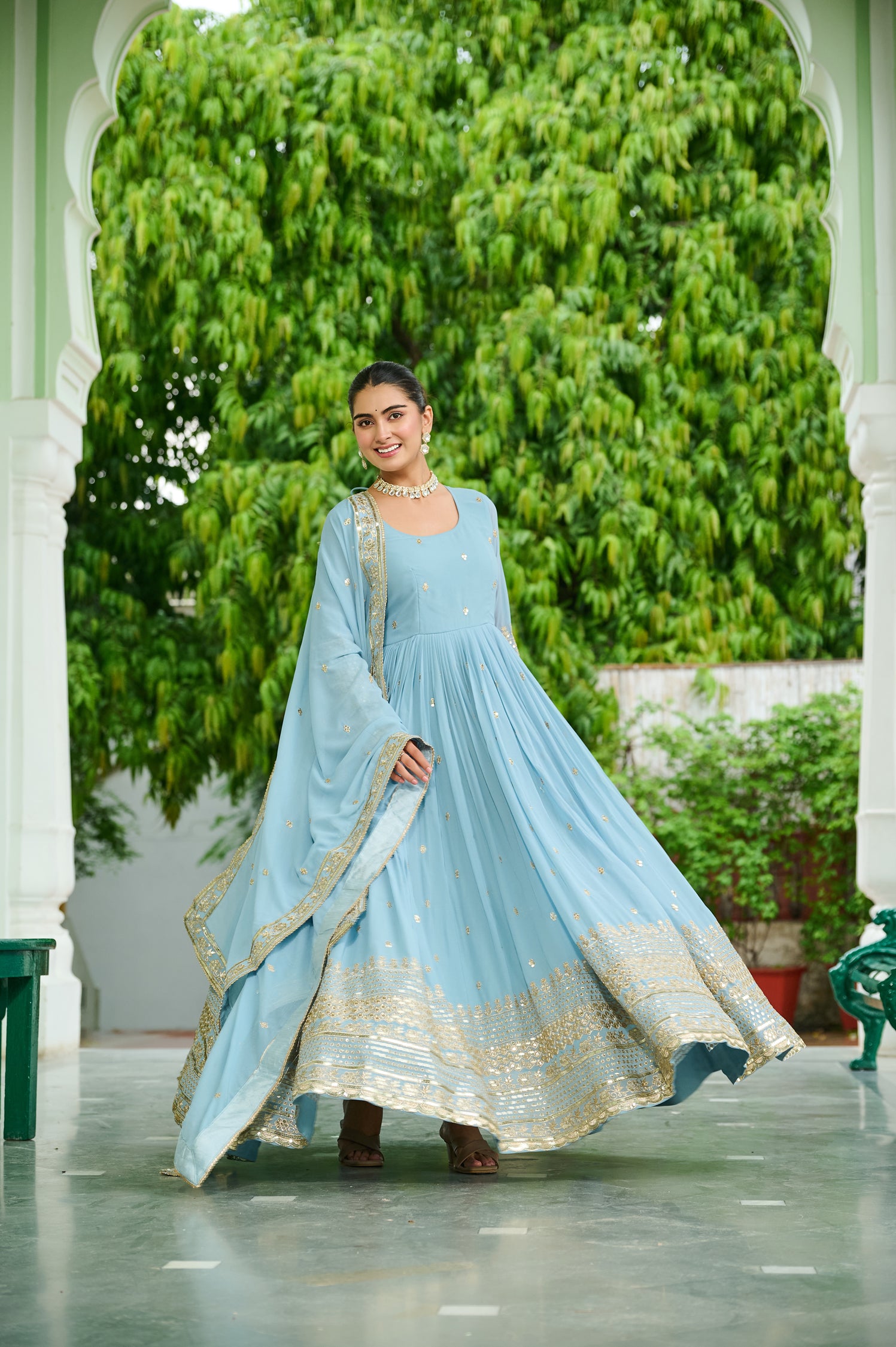 Lorenvalley Fashion Skyblue Faux Georgette with Embroidered work Anarkali Gown with Dupatta