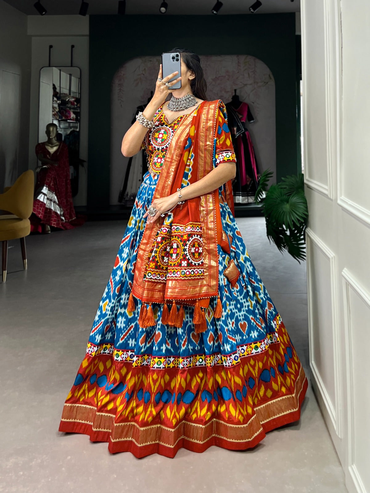 Lorenvalley Skyblue Tussar Silk Patola Print With Foil Work And Original Mirror Gamthi Lace Lehenga Choli with Dupatta - Distacart